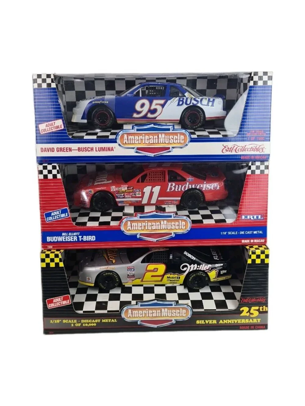 Set Of 3 ERTL American Muscle 1:18 DieCast #2 Wallace #11 Elliott #95 Green K3